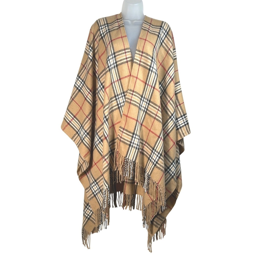 VFRAAS Plaid Cape Shawl Wrap Ruana Fringe Tan Red Black White Open Front Poncho